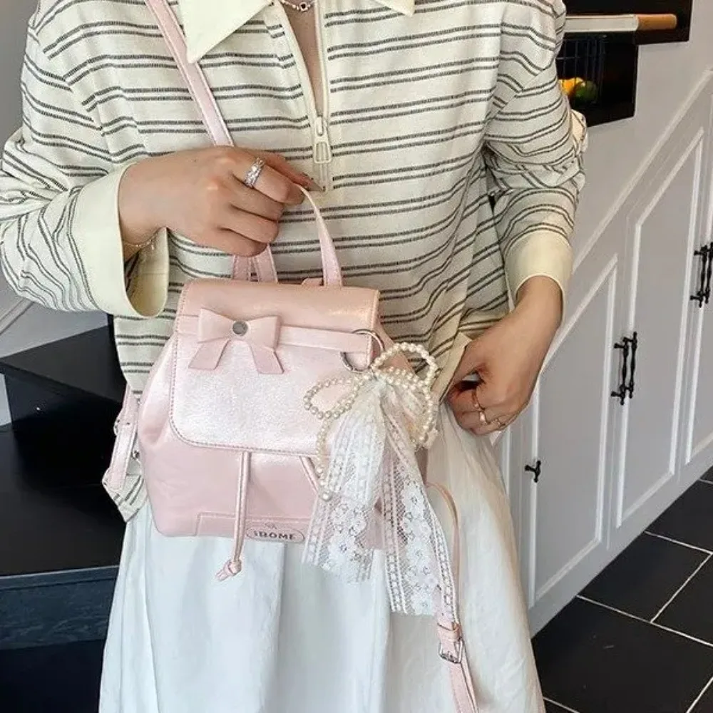 

2026 New Arrival Women's Mini Backpack, Bow Decor, Pearl Lace Tassel, Versatile Crossbody Bag