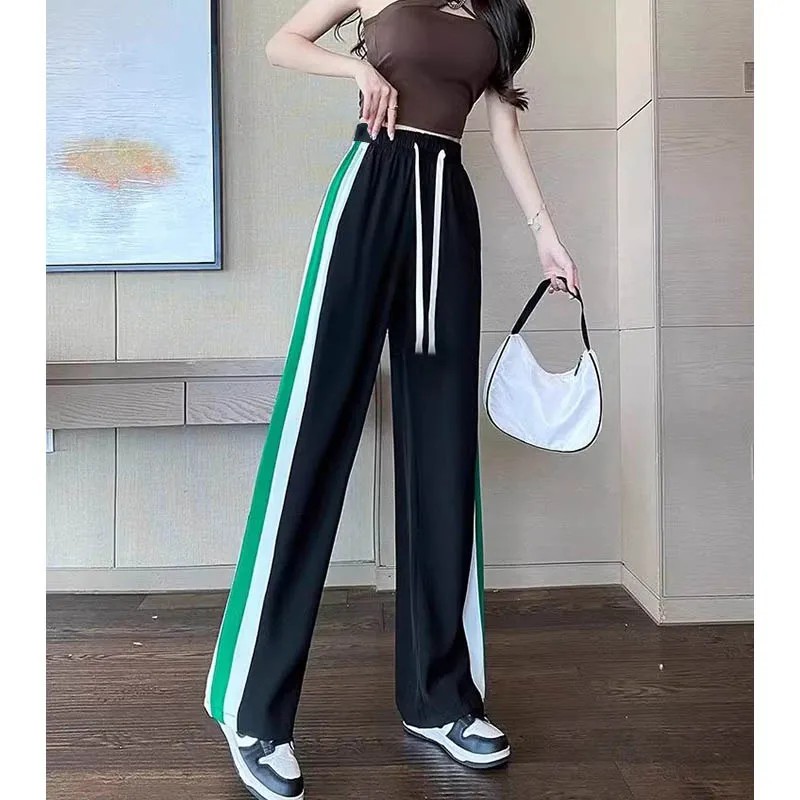 

Drawstring large size straight leg casual pants women 2024 new high-waisted slimming loose draping mopping pants