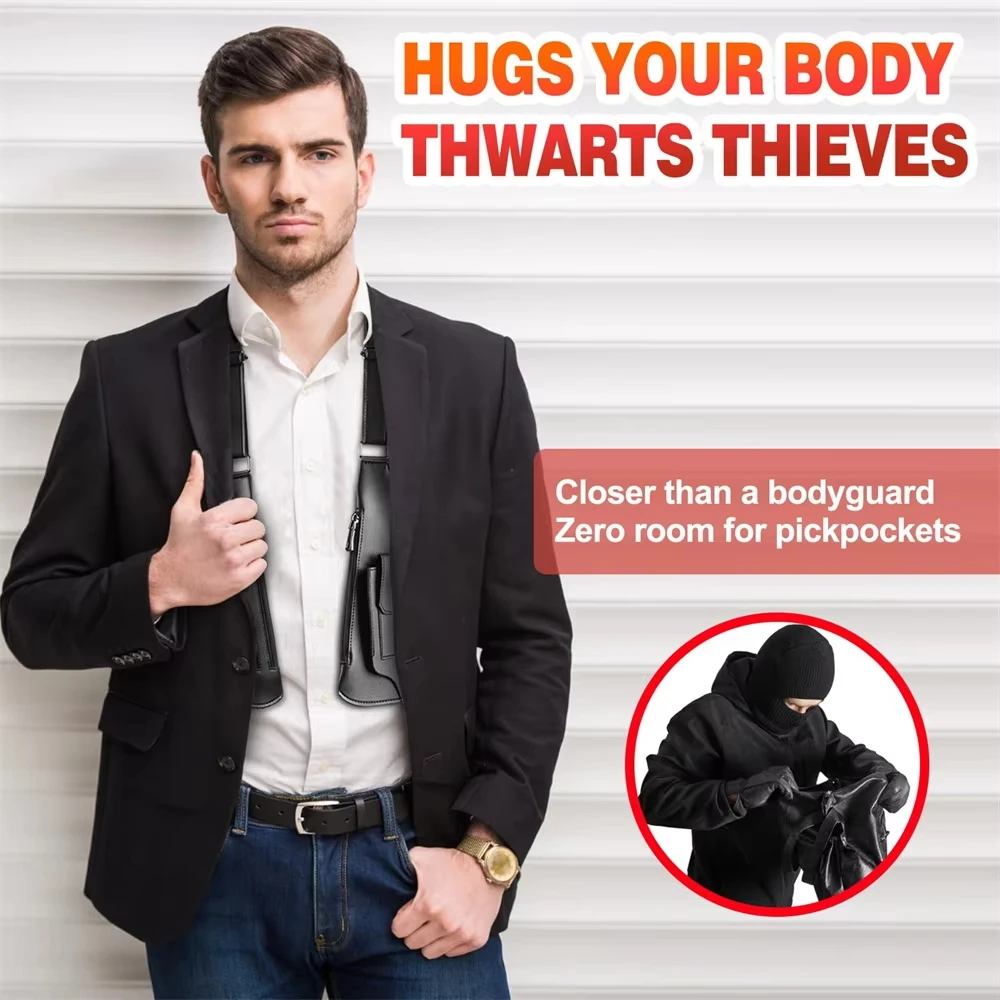 PU Leather Double Shoulder Armpit Bag Multi-Pocket Hidden Anti-Theft Phone Pocket Underarm Adjustable Strap Vest Bag Men Women