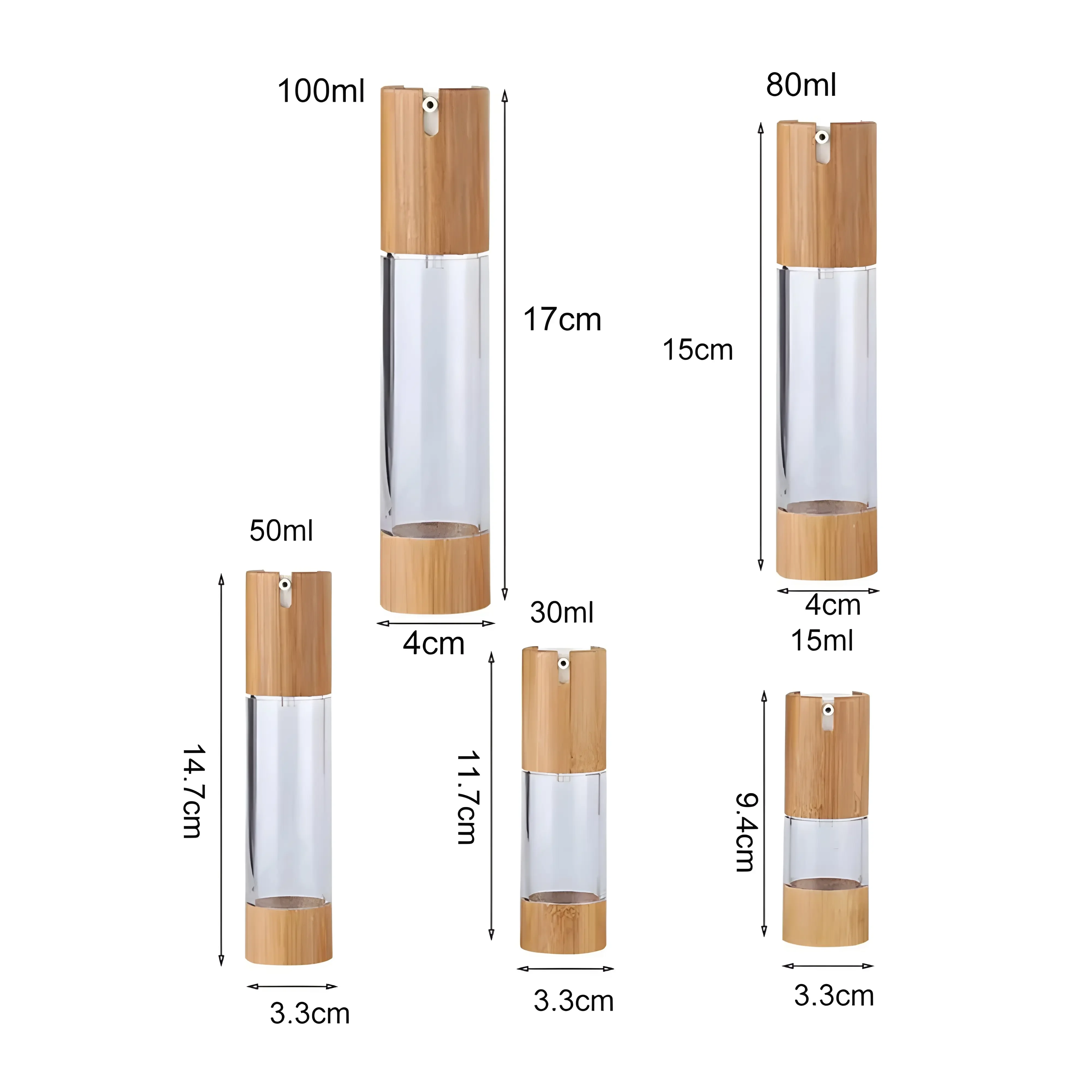 100*15ml 30ml 50ml 80ml 100ml เป็นมิตรกับสิ่งแวดล้อม Airless โลชั่นขวดปั๊มสูญญากาศรีไซเคิลขวดไม้ไผ่สําหรับ Airless เซรั่มเครื่องสําอาง