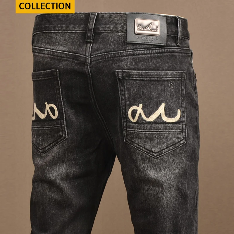 Streetwear Fashion Men Jeans Retro Black Gray Stretch Slim Fit Vintage Jeans Men Trousers Embroidery Designer Denim Pants Hombre