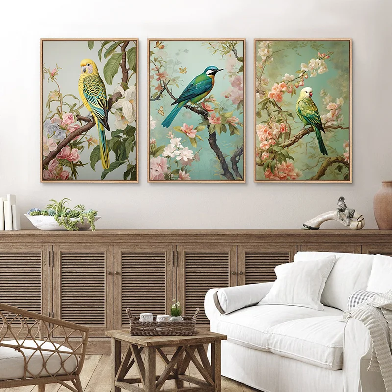 Traditional Chinoiserie Bird and Flower Budgie Heron Landscape Poster Canvas Printing Wall Art Pictures Home Interior Room Decor