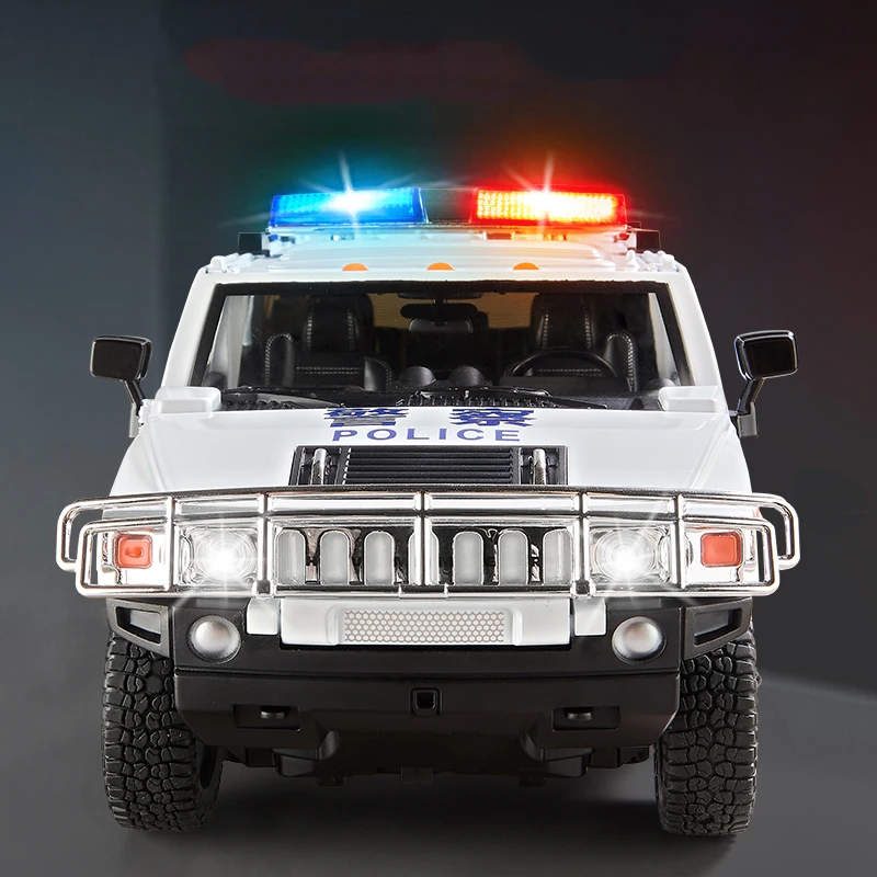 Hum H2mer-Grand modèle SUV de police hors route en alliage moulé sous pression, jouets en métal, haute simulation, son et lumière, nervure arrière, cadeaux pour enfants, renforcement, 1:18