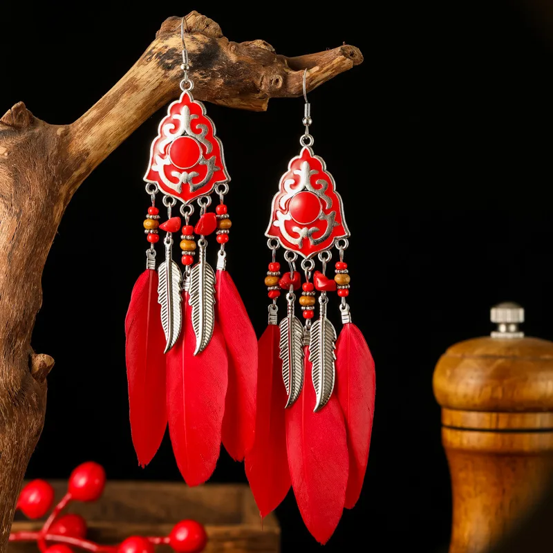 

Fashion Long Bohemian Enamel Feather Earrings for Women Vintage Metal Leaf Irregular Stone Dangle Tassel Earring Ethnic Jewelry