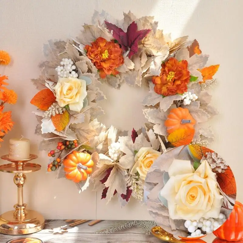 

Autumn Harvest Wreath With Realistic Pumpkin Maple Leaf Holiday Decoration For Door Mantels Thanksgiving Halloween 87HA