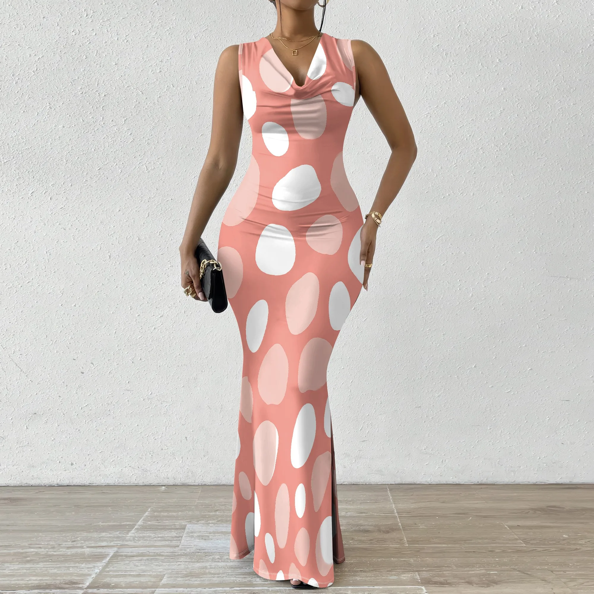

New Fall Plus Size Women's Cowl Neck Sleeveless Bodycon Maxi Dress Abstract Polka Dot Print Slim Fit Evening Party Dress