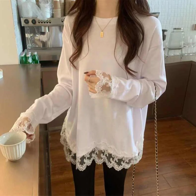 Stylish O-Neck Spliced Loose Ruffles Lace T-Shirt Women's Clothing 2022 Autumn New Oversized Casual Pullovers All-matc Tee Shirt