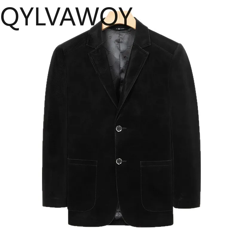 

QYLVAWOY Real Leather Jacket Mens Sheepskin Blazer Masculino Man Suits Luxury Coats Black Velvet Blazers for Man Casual Chaqueta