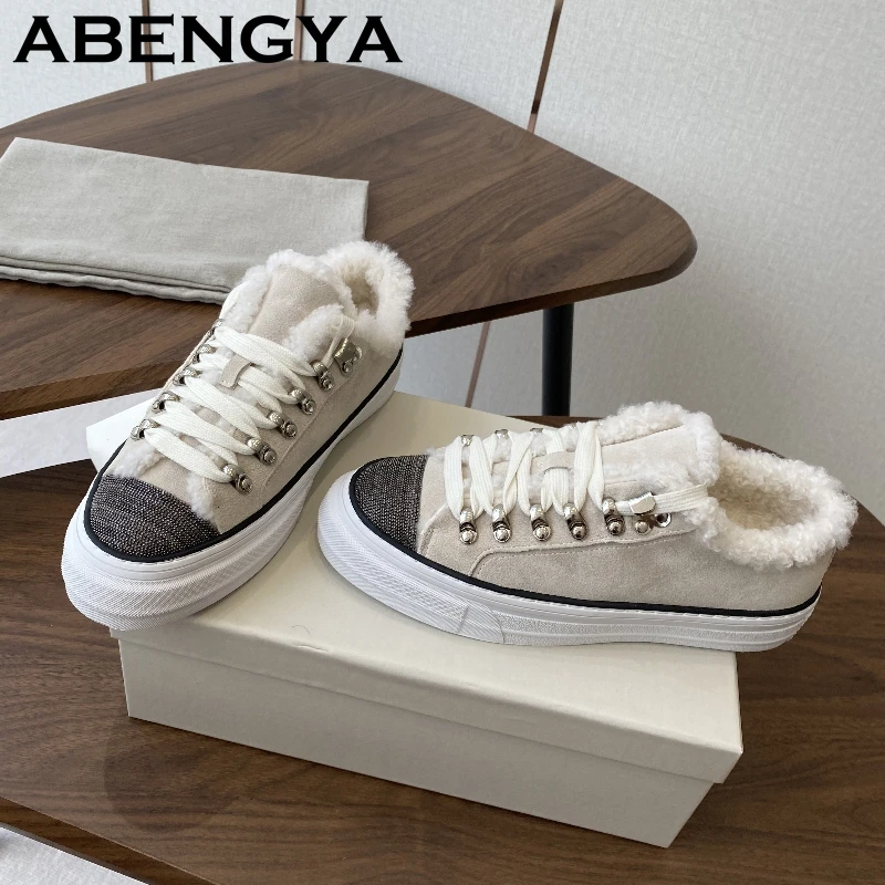 

2025 Winter Warm Wool Lining Flat Shoes Women Suede Leather Lace Up Fur Boots Female Comfort Plush Casual Sneakers Zapatos Mujer