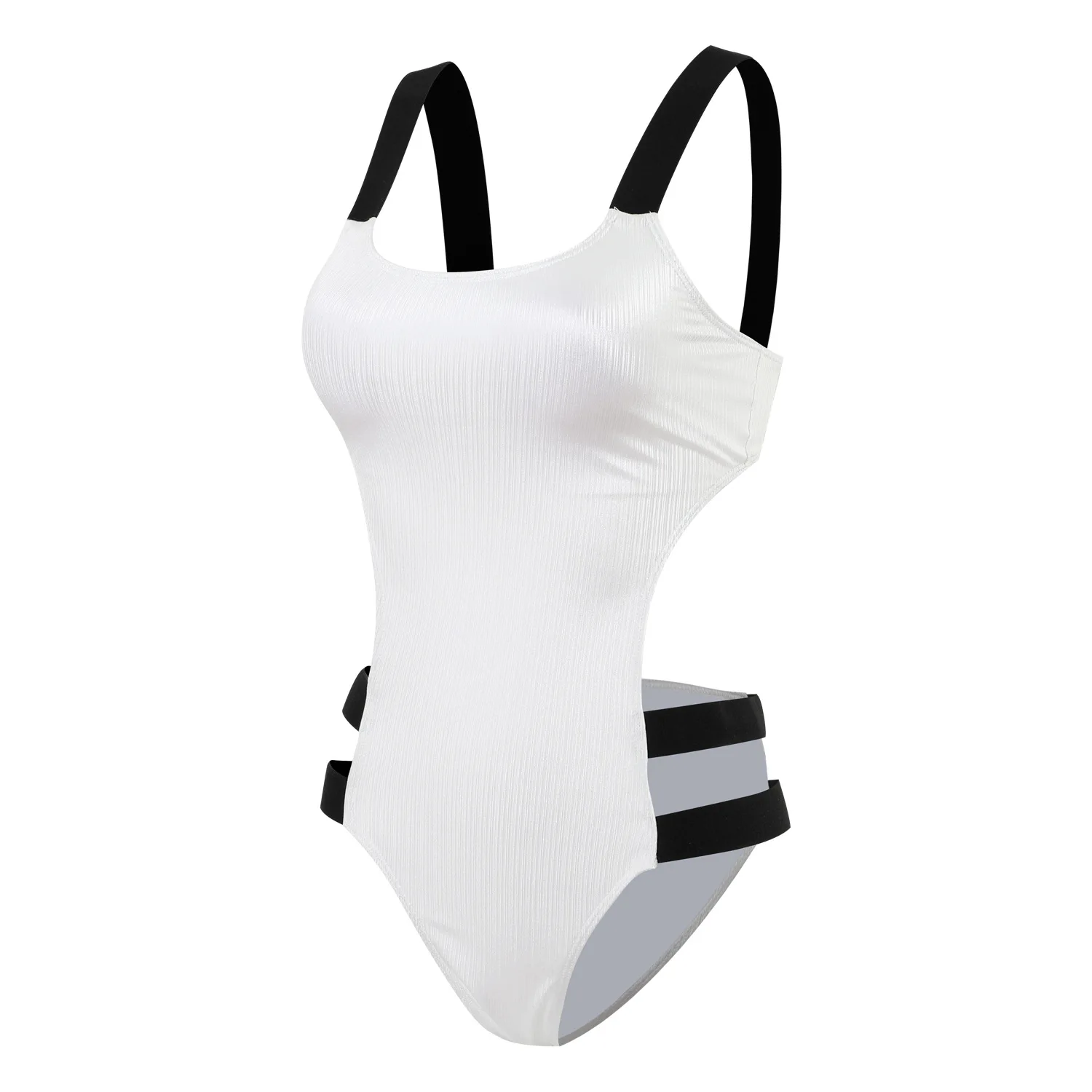 

Women's White Ribbed One Piece Swimsuit Sexy Side Cutout Strap High Waist Bikini Tummy Control Monokini Beach Bathing Suit