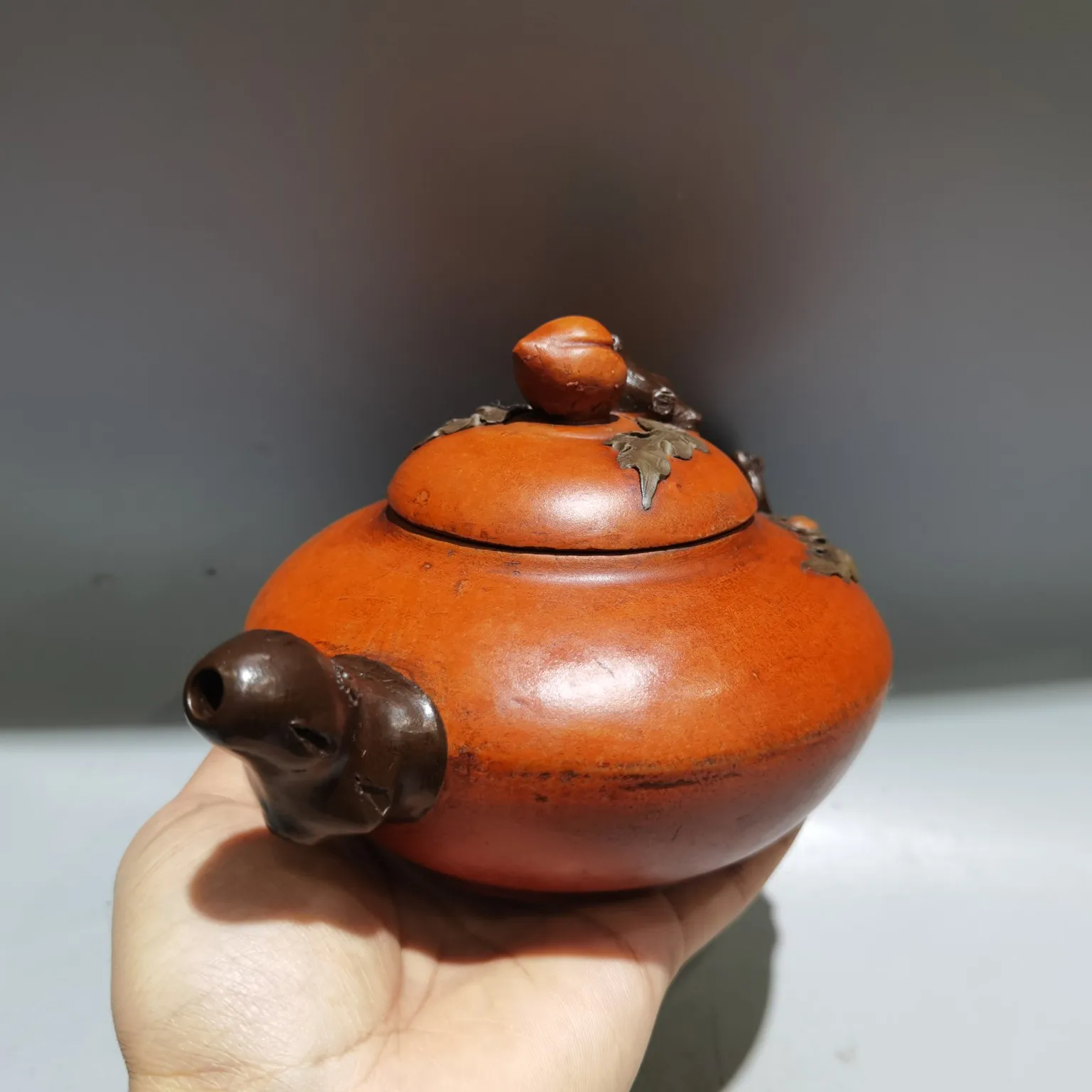 Old Chinese Handicraft Enameled YiXing Zisha (red stoneware) Teapot,Longevity Peach Teapot, with mark, Free shipping