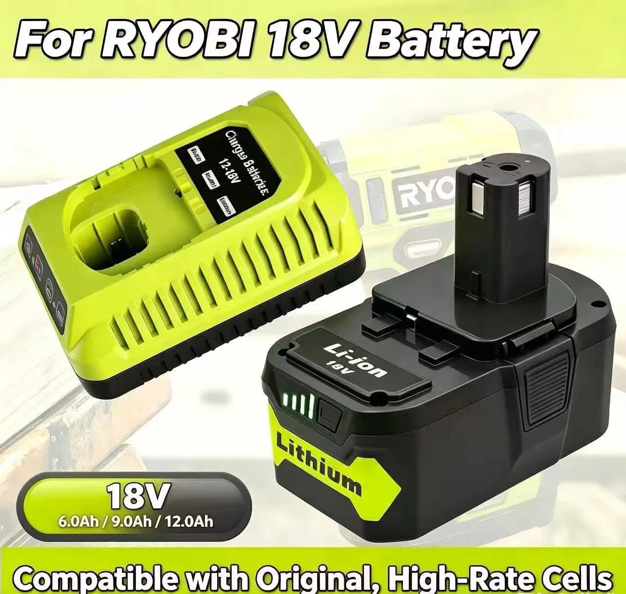 For RYOBI 6.0Ah high-performance lithium battery 18V low self discharge,Works with P203 P204 RB18L50 Lithium-ion High Capacity