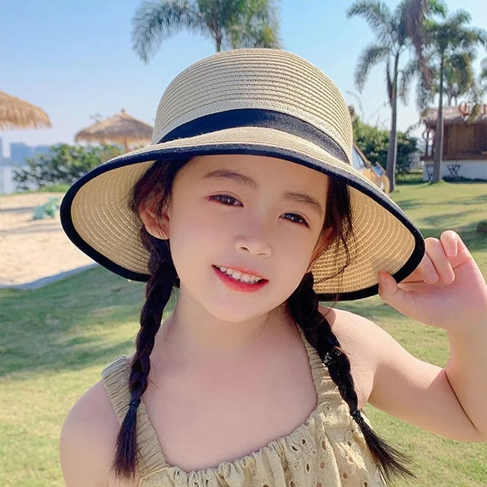 

Fashion Straw Straw Hat​​ Bowtie Design​ Wide Brim Kids Sun Hat​​ Casual UV Protection Children's Sunscreen Hat​​ Summer Outdoor