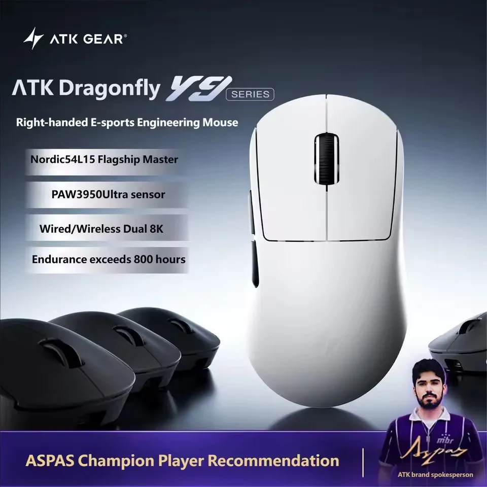 ATK Y9 Pro Max Ultimate Custom Right Hand Wireless Gaming Mouse Tri Mode Dual 8KHz Lightweight PAW3950 Ultra Ergonomic E sports