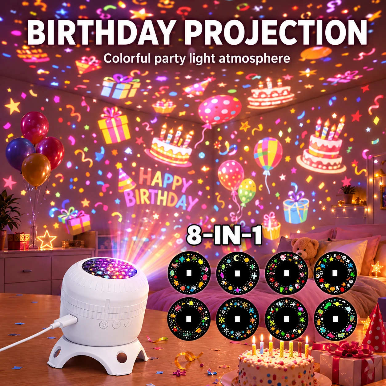 360°Rotating Dynamic HD Projector USB Powered 8 Patterns Projection Atmosphere Lamp for Christmas Birthday Party Bedroom Decor