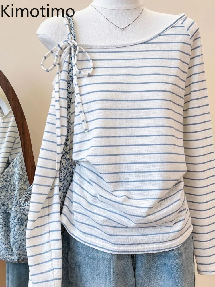 Kimotimo Stripe Bandage Off Shoulder Long Sleeve T-shirts Women 2026 Autumn New Simple Loose Versatile Tops Lazy Y2k Casual Tees