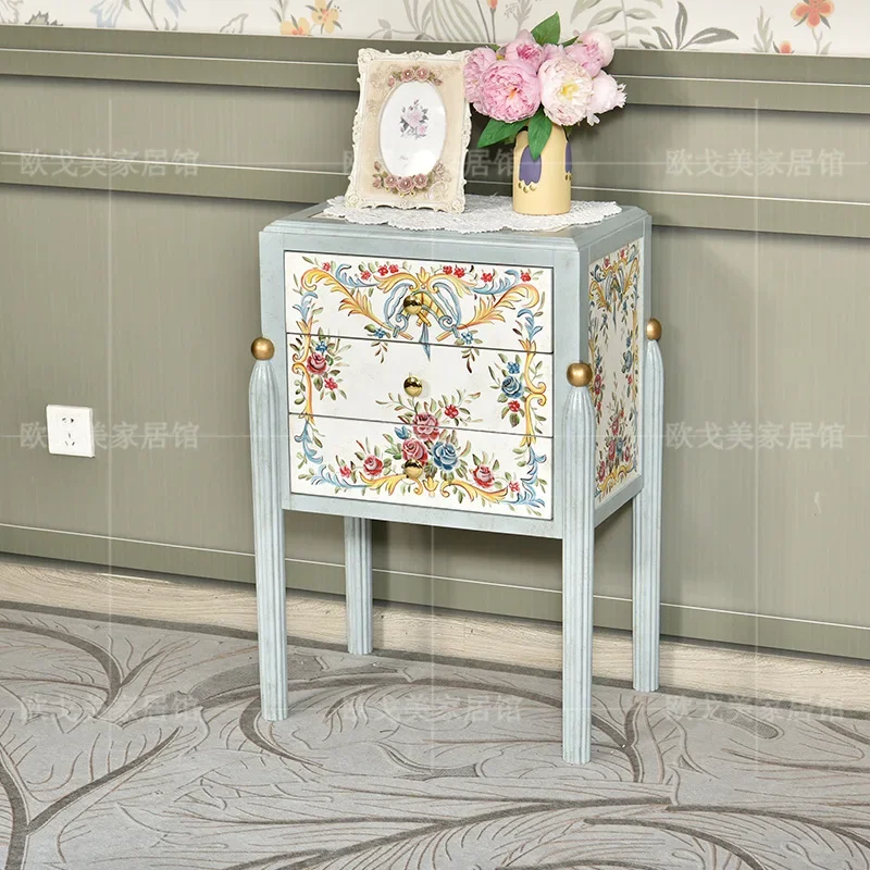 French painted solid wood bedside table pastoral hand painted flowers three draw edge a few B & B retro old storage