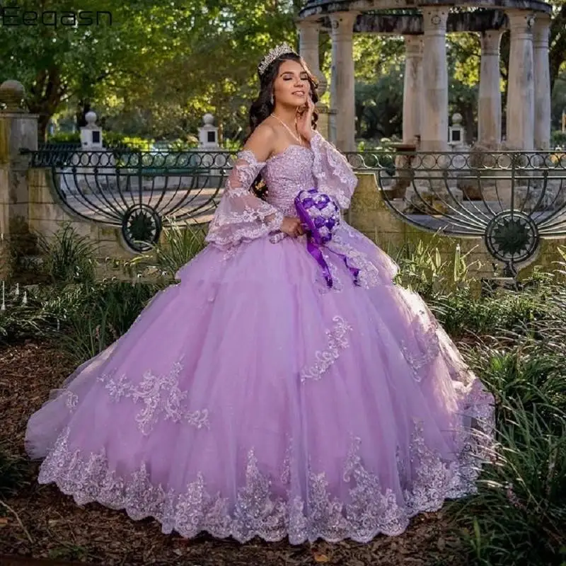 

Сиреневое платье принцессы Quinceanera с длинными рукавами и открытыми плечами, бальное платье Sweet 16, Vestidos De 15 Aos, кружевное платье с аппликацией