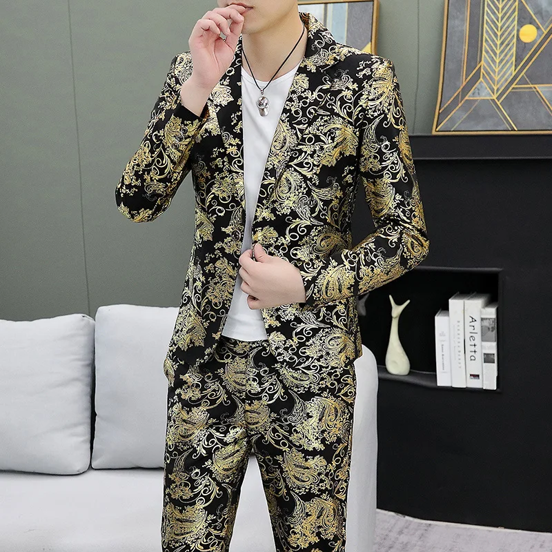 بدلة كاجوال بقصة ضيقة للرجال، موضة كورية، لون برونزي، طقم مكون من قطعتين، سترة شبابية وبنطلون