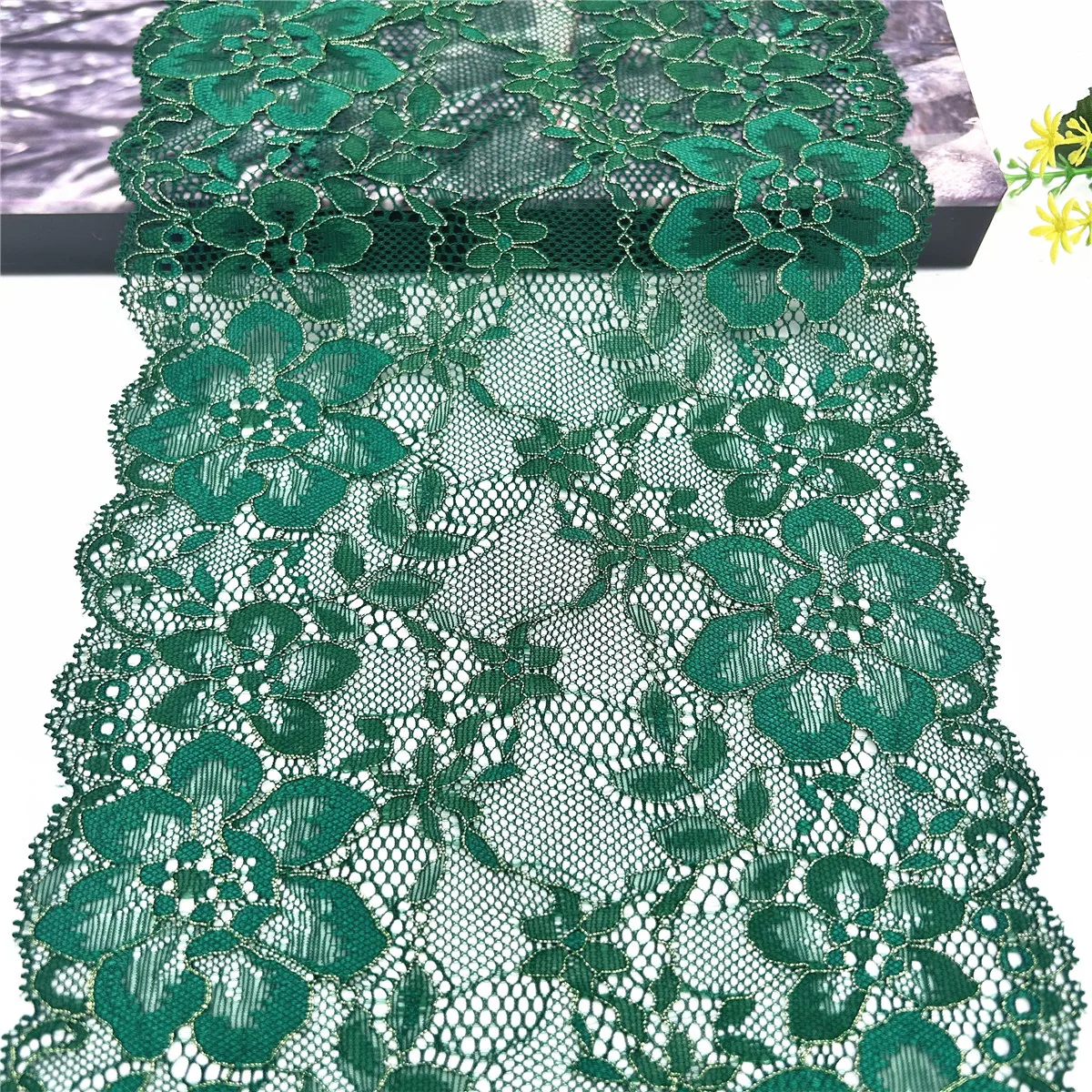 3y/lot Width 18.50cm Green Golden Elastic Stretch Lace Trim For Clothing Accessory Dress Sewing Applique Costume Lace Fabrics