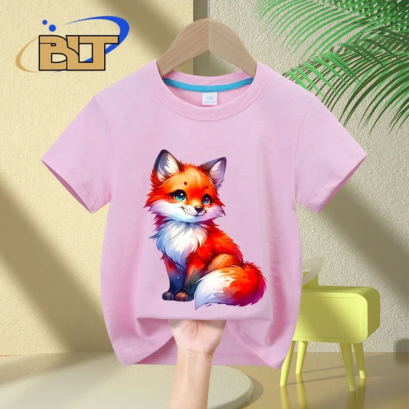 Watercolor Cute Fox print kids T-shirt summer children's cotton short-sleeved casual tops for boys and girls