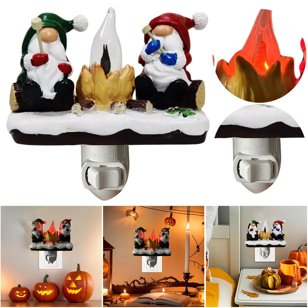 Friendly Mice/Gnome Campfire Night Light Plug-in Flickering Nightlight Indoor Lights for Halloween Christmas Home Decorations