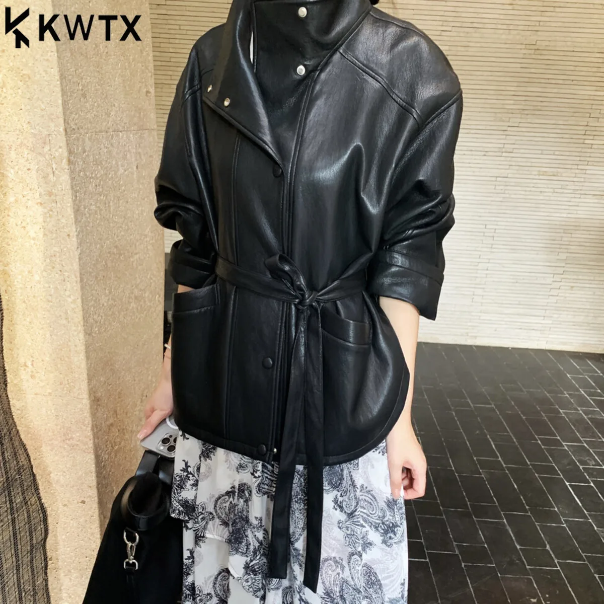 

KWTX Vintage Short PU Leather Jacket Women's Loose Cropped Coat With Belt, Slim Fit, Solid Color, Elegant & Casual, Office Wear