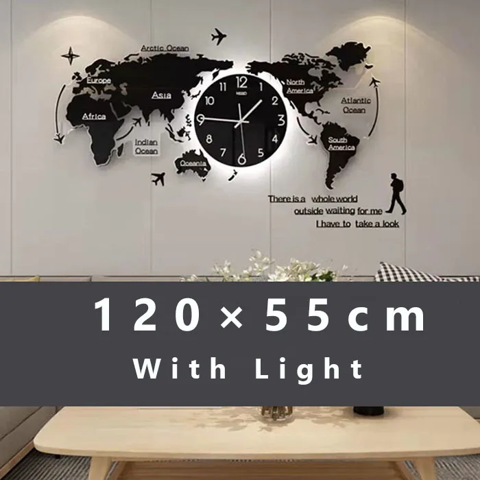 120*55 with light factory price led Large Home Decor Art Design Silent world map Decorative living room Office Wall Clock 3D