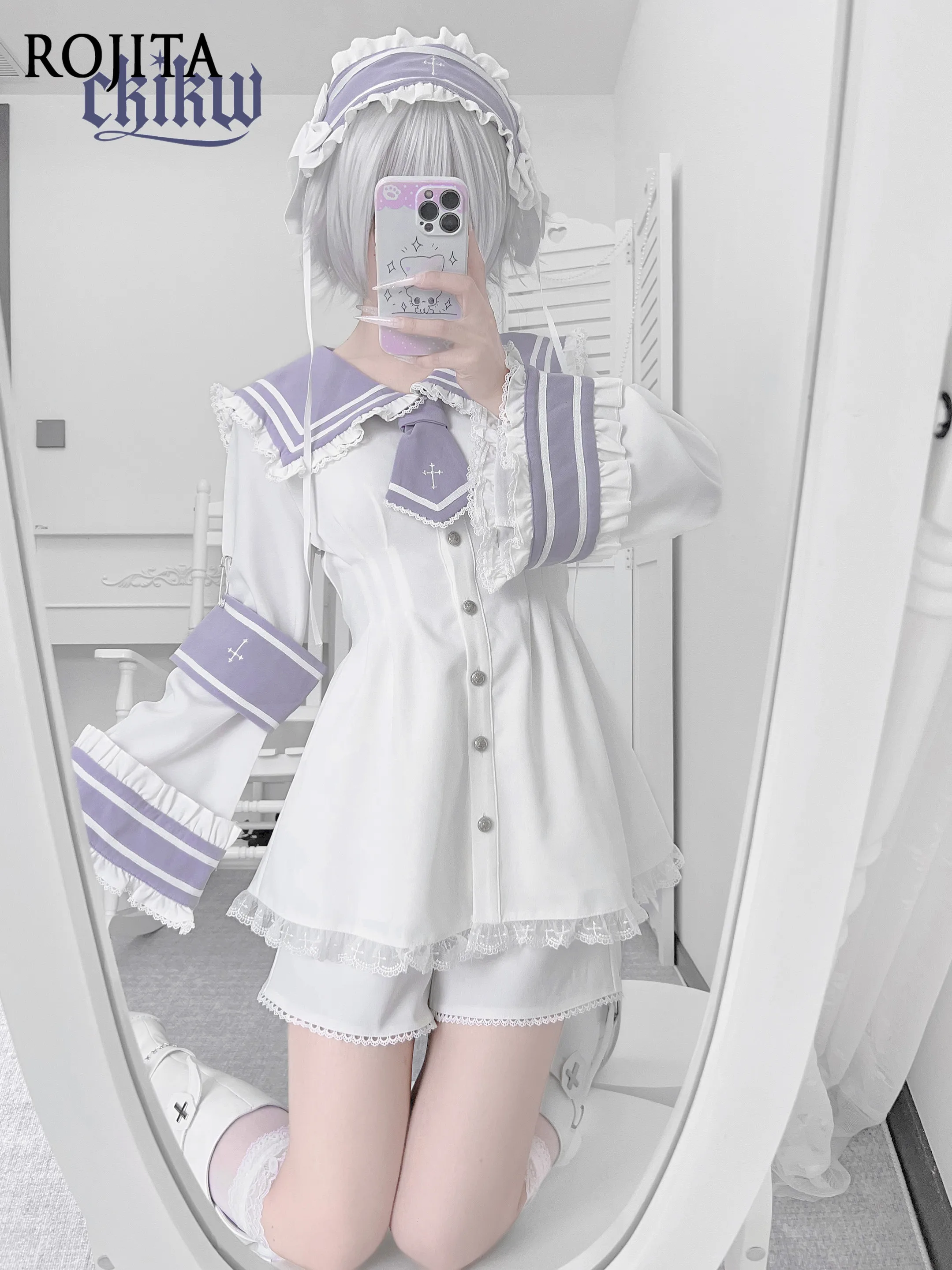 

Sleeve Patch Sailor Suit Square Collar Small Tie Set Japanese Subculture Lace Bell Sleeve Top and Shorts Two-Piece Sets women