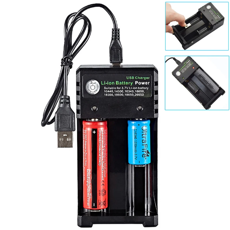 

18650 Dual Slot USB Port Battery Charger for 3.7V Rechargeable Li-Ion Battery 10440 14500 16340 Etc. with LED Charging Indicator