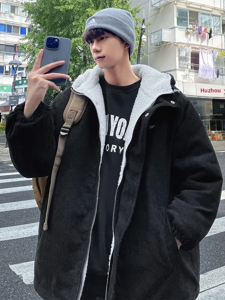 

Мужская зимняя хлопковая куртка большого размера с внутренним мехом, свободная посадка, модная рабочая одежда, длинная застежка-молния, Soli...