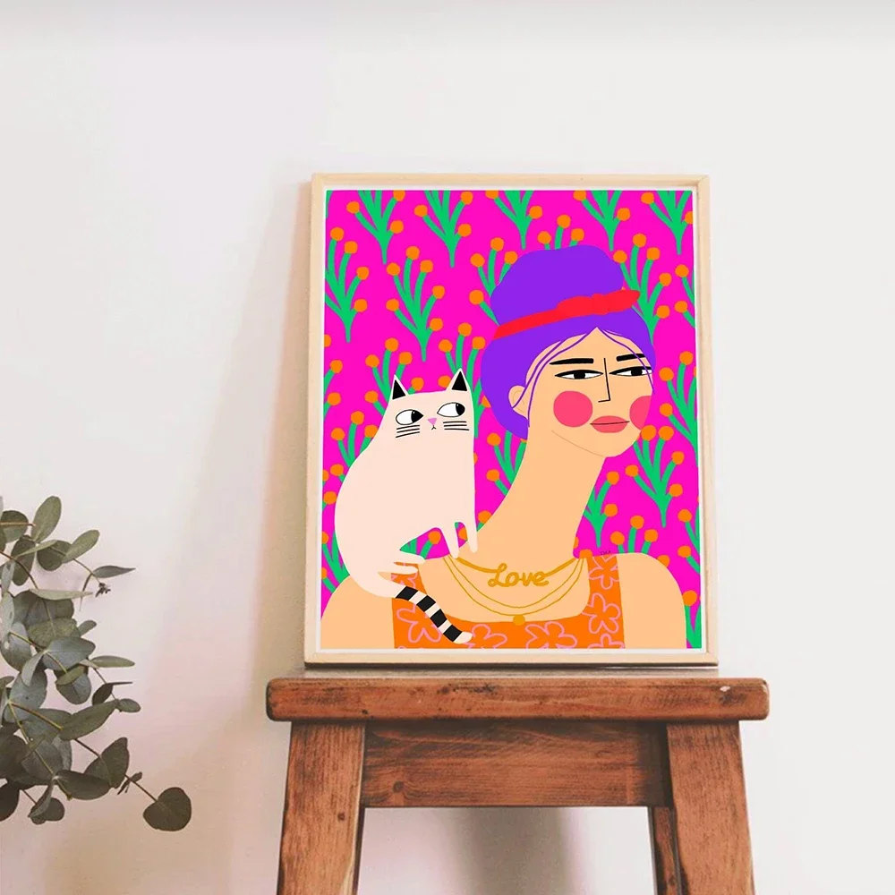 Abstract Retro Black Cartoon Cat Wall Art Poster Print Pink Canvas Girl Room Home Decor Girl Funny Quotes Canvas Painting