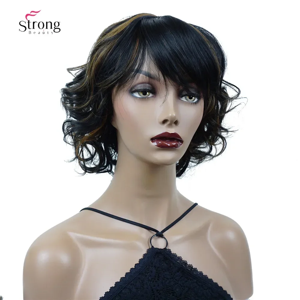 StrongBeauty Synthetic Wig Short Curly Hairstyle Black with Blonde Highlights Wigs for Women