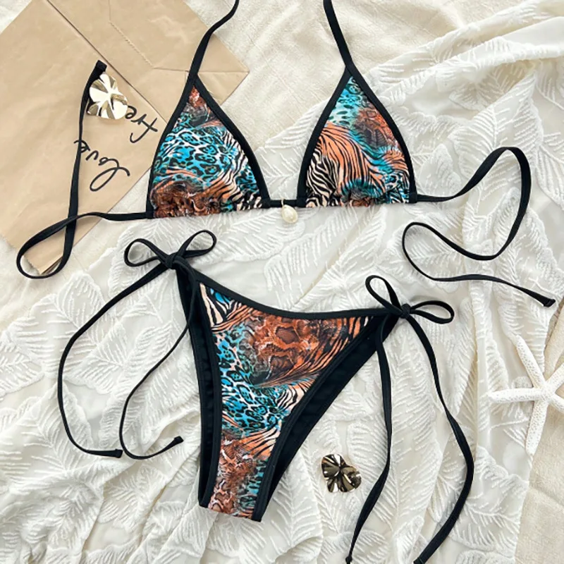 Costume da bagno bikini leopardato sexy da donna con cinturino push up costume da bagno bikini a tre punti costumi da bagno a vita bassa costumi da bagno estivi senza schienale da donna