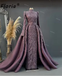 Aso Ebi Women Long Sleeves Beaded Evening Dress with Detachable Train 3D Lace Appliques Muslim Dubai Wedding Party Gowns 2024