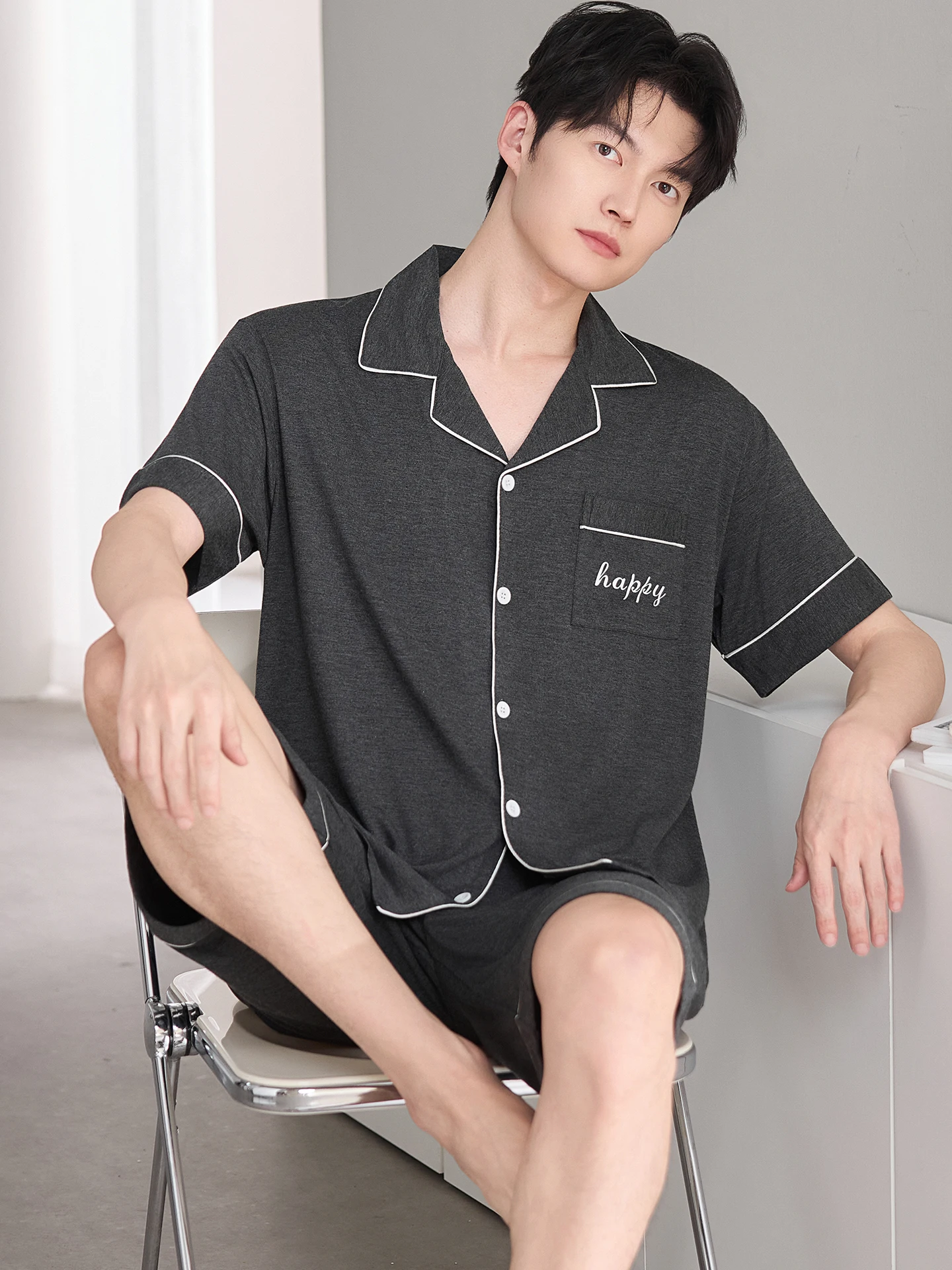 Cool Sensation Modal Lightweight Short Sleeve Sleepwear Set for Men Summer Breathable Home Clothes Cardigan Shorts Home Suit
