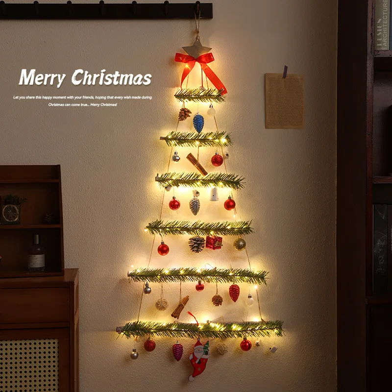 Christmas Ladder Tree with Light Up Topper Star Natural Wooden Wall Hanging Tree Shaped Decor