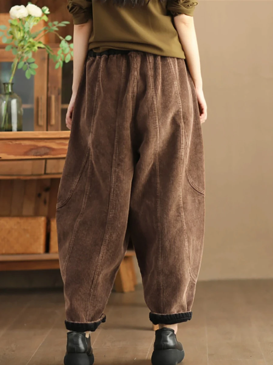 Autumn Winter Women Thicken Fleece Casual Pants Fashion Warm Elastic Waist Lace-up Simple Loose Chic Patchwork Female Trousers