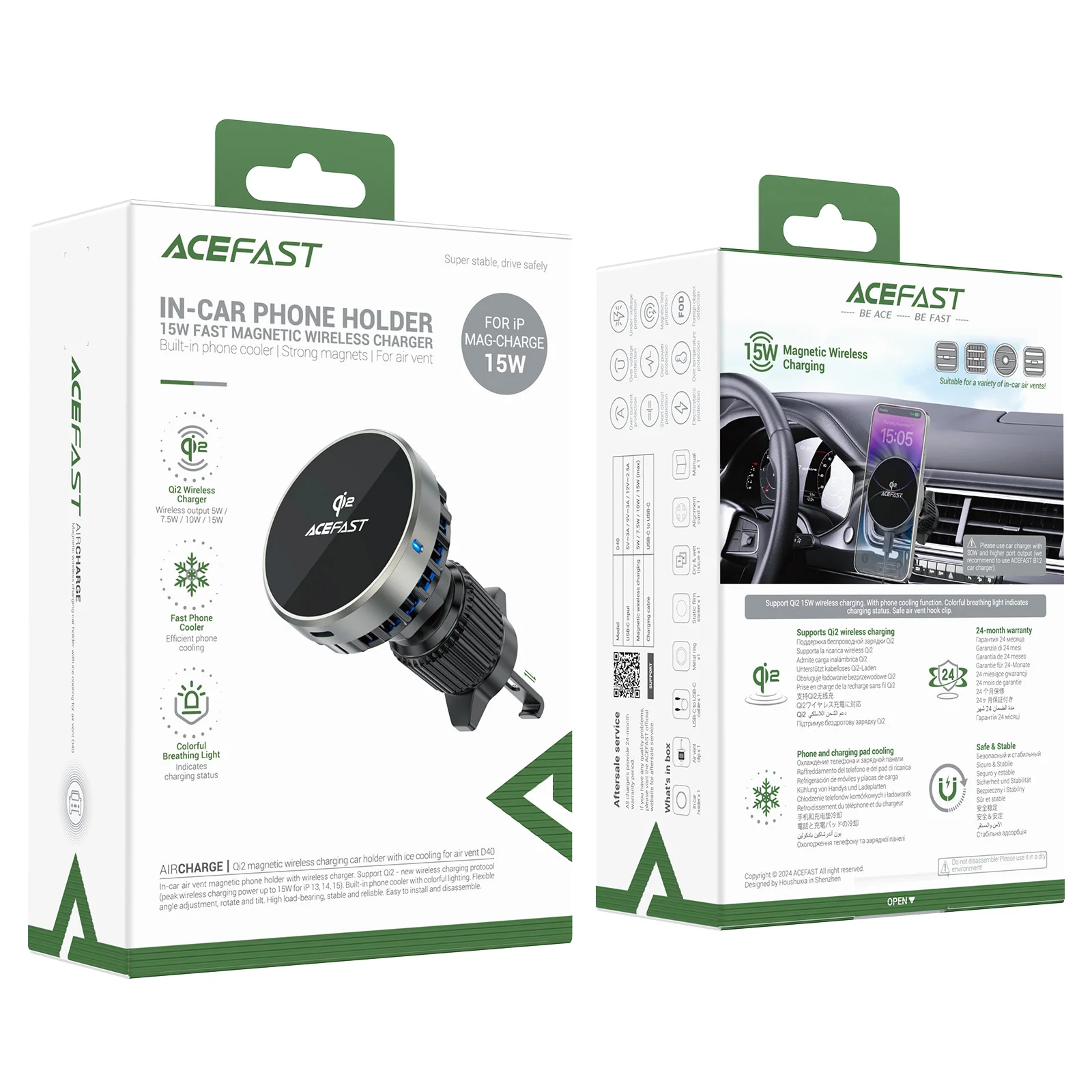 ACEFAST Qi2 15W Magnetic Air Vent Wireless Fast Charging Car Holder For iPhone 16/15 Pro Max Car GPS Clip Mount with Ice Cooling