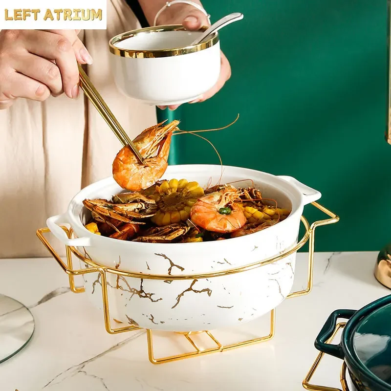 Gold Imitation Marble Ceramic Plate, Candle Heating Pot, Soup Pot, Bowl, Restaurant Meat, Family Dishes, Kitchen, Tableware