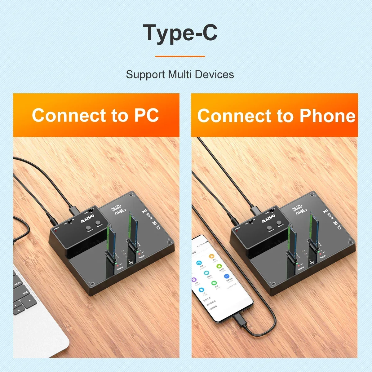 Imagem -04 - Maiwo-dual Bay M.2 Nvme Ssd Enclosure Clone Offline 10gbps Usb 3.1 Gen2 Case Externo m2 Nvme Caixa de Disco Rígido Copiar