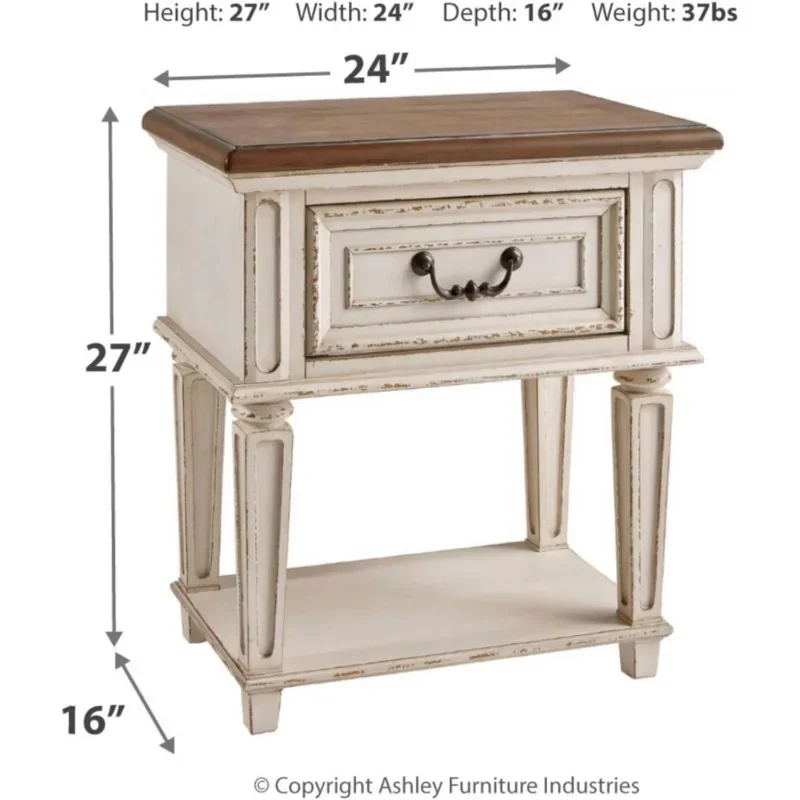 Traditional Cottage 1 Drawer Nightstand with Dovetail Construction & Open Display Shelf, Chipped White, Distressed Brown