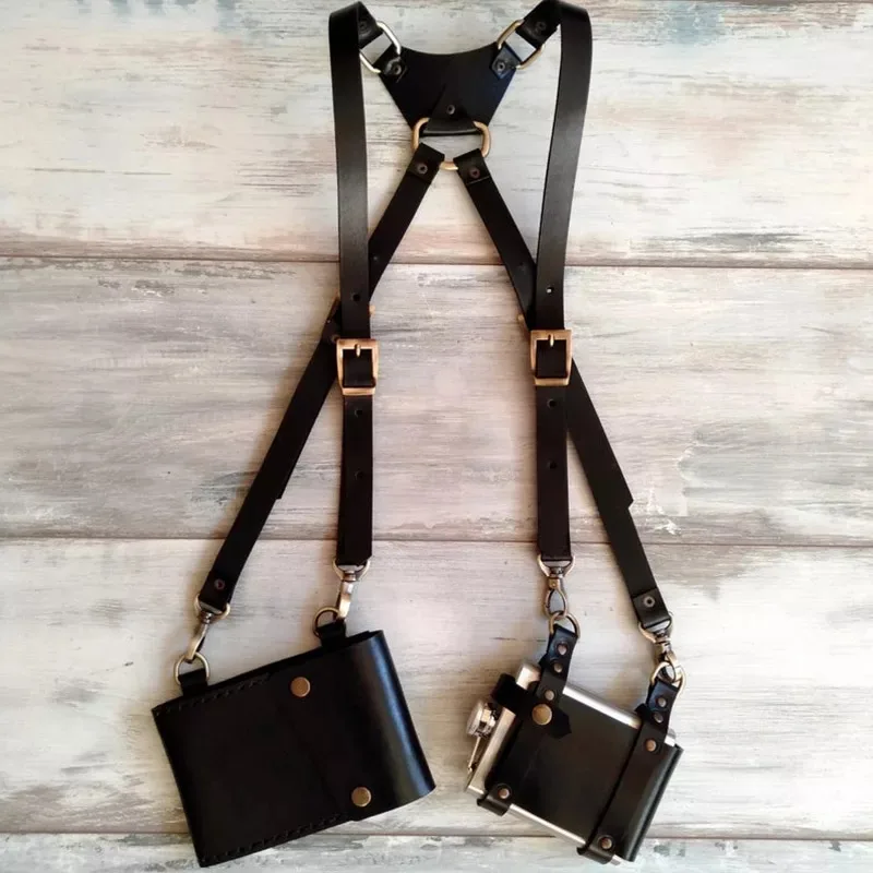 Medieval Steampunk Leather Shoulder Harness Bag Vintage Phone Money Pocket Flask Holster Viking Cosplay Festival Purse Wallet