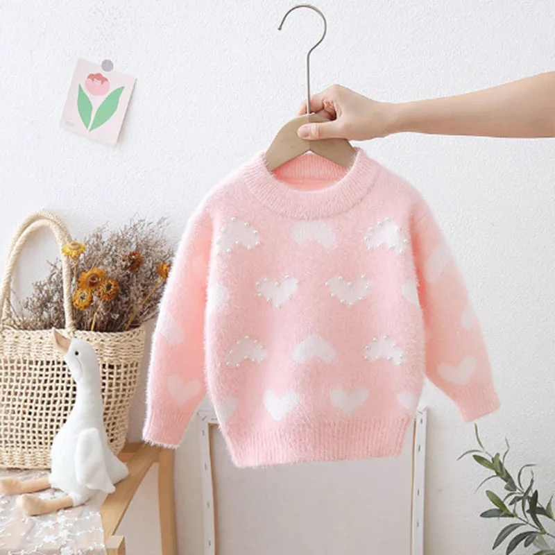 Girls Fleece Sweater Autumn Love Pattern Print Knitwear Winter Kids Thickened Pullover Fashion Beaded Sweaters for Princess