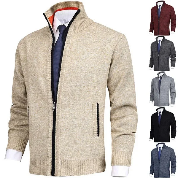 

2023 Spring and Autumn New Men's Color Standing Collar Fashion Cardigan Sweater Knitted Large Coat