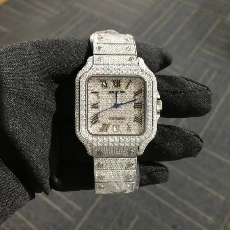 

Luxury Men's Stainless Steel Quartz Movement Chronograph Watch Fashion Hip Hop Design Lab Silica Inlaid Crystal Buckle