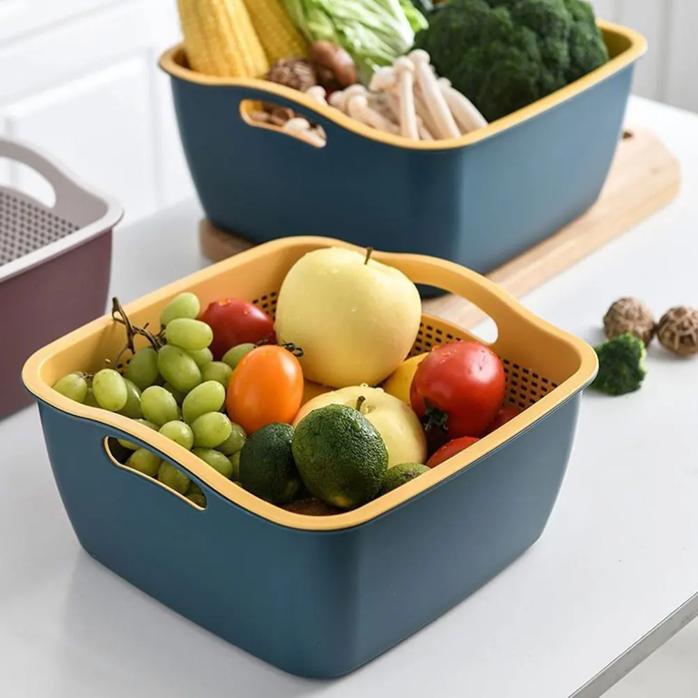 

2 set 2 Sets Vegetable Washing Basket Drain Function Fruit Storage Container Kitchen Strainer Bowl Home Outdoor Use Double Layer