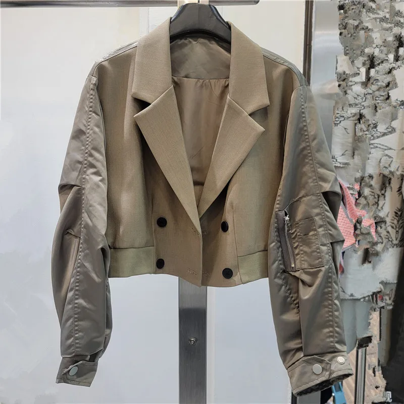 

Women's Vintage Colorblock Peacoat Double Breasted Cropped Jacket Loose Fit Asymmetric Design Coat