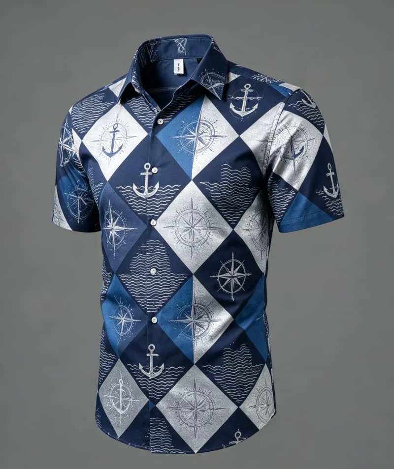 

Men's Diamond Grid Geometric Style Printed Short Sleeved shirt, For Summer Casual wear, Beach travel, And Daily Wear