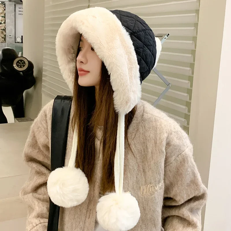 

Autumn Winter Hat Women Fashion Versatile Cute Hair Ball Ear Protection Hat Outdoor Cold Protection Thickened Plush Hat Trend